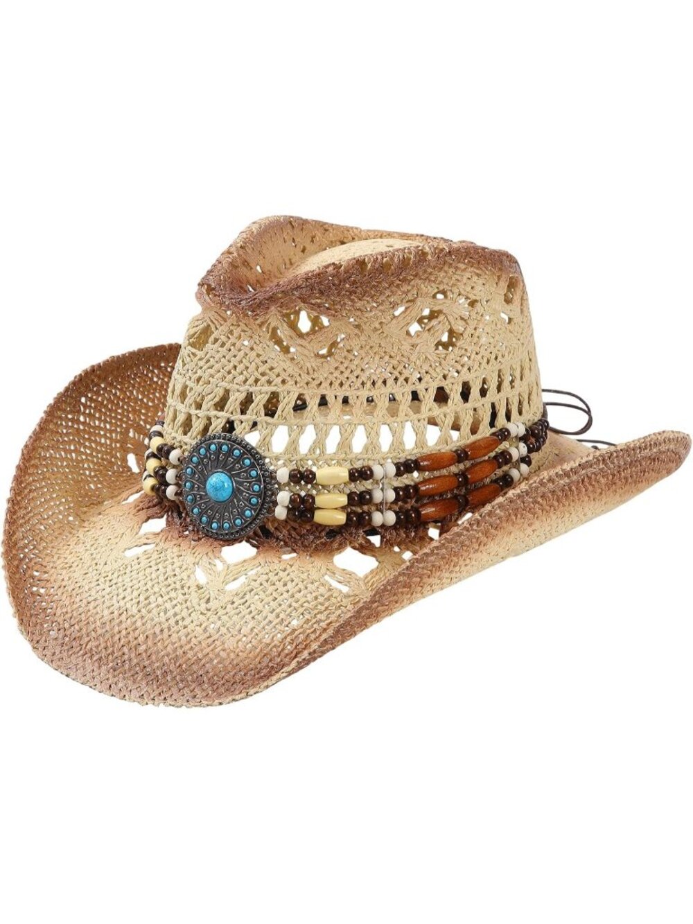 Unisex Beige Beaded Band Wide Brim Breathable Western Straw Summer Cowgirl Hat